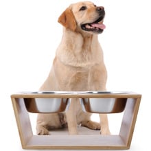 Bamboo Dog Feeder with Stainless Steel Bowls